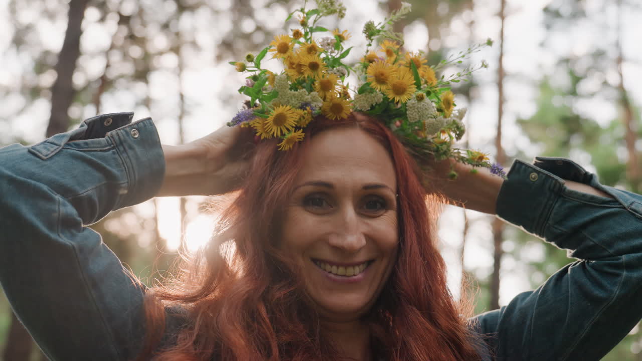 Portrait of elegant mother with red hair adjusting colorful wildflower bouquet on her head in sunlit forest, expressing beauty, creativity, nature connection, and peaceful summer mood
