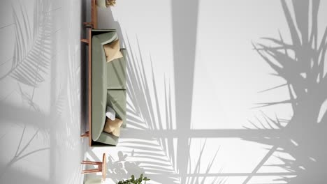 vertical de diseño de interiores moderno apartamento sala de estar con planta árbol hoja sombra en la pared de fondo 3d renderización de animación concepto de casa inteligente