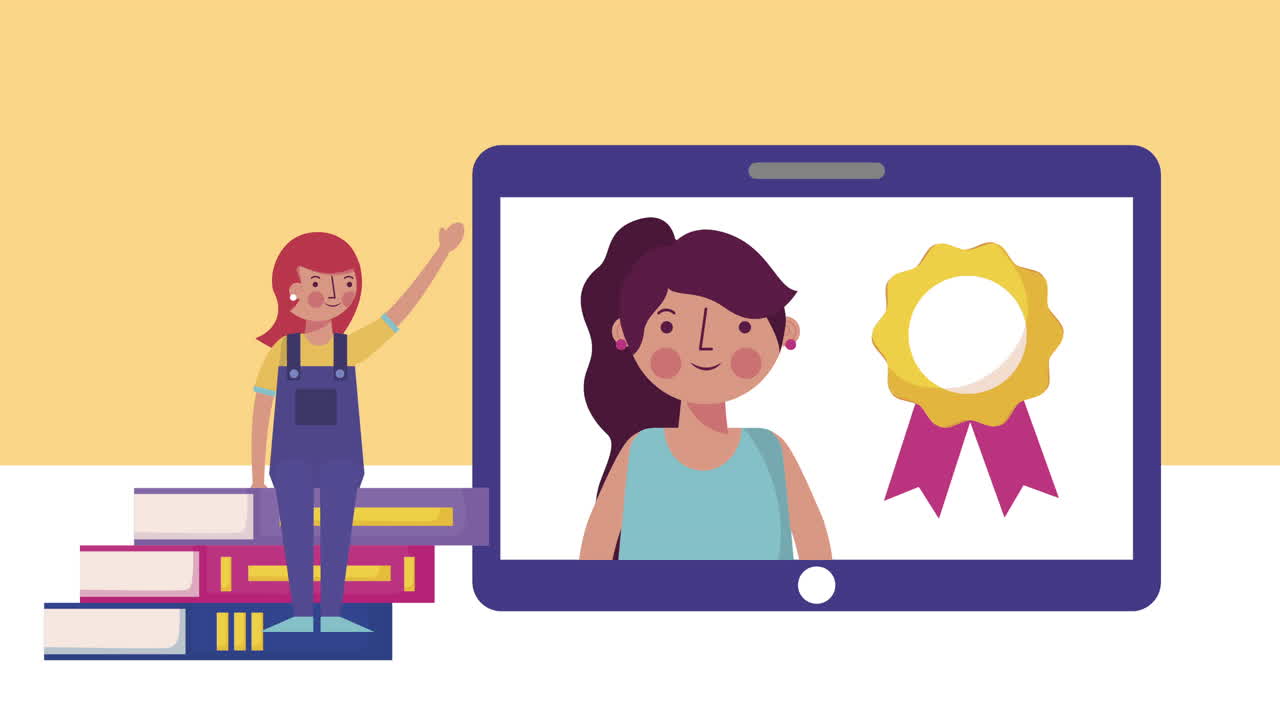 little students girls with tablet elearning characters animation