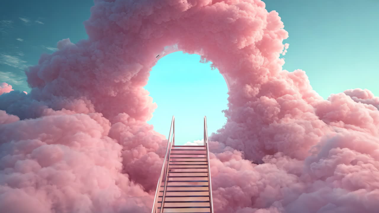 A pink cloud with a staircase in the middle of it. The staircase is white and is surrounded by pink clouds. The image has a dreamy and whimsical mood