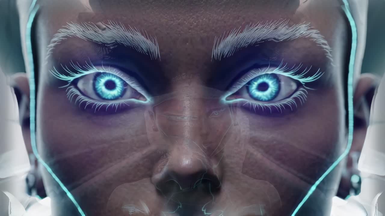 Futuristic female humanoid with luminescent azure eyes and pale eyebrows gazing intently, embodying advanced technological innovation against sterile white backdrop