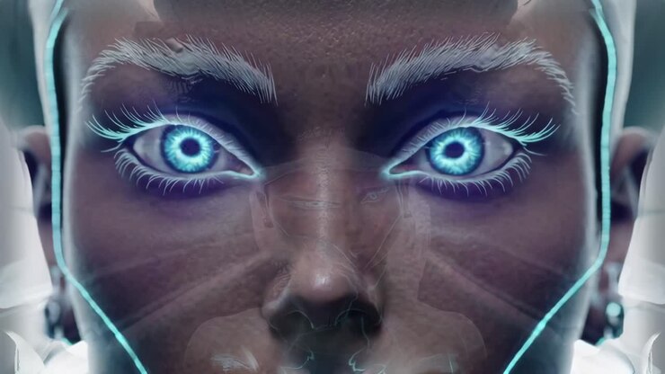 Futuristic female humanoid with luminescent azure eyes and pale eyebrows gazing intently, embodying advanced technological innovation against sterile white backdrop