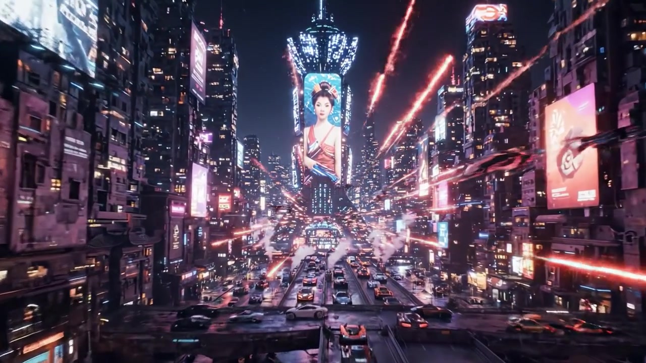 Un Paisaje Urbano Futurista de Noche: Una Vibrante Intersección de Tecnología y Cultura Ilustrada por Brillantes Pantallas Holográficas y Vehículos Futuristas en Movimiento