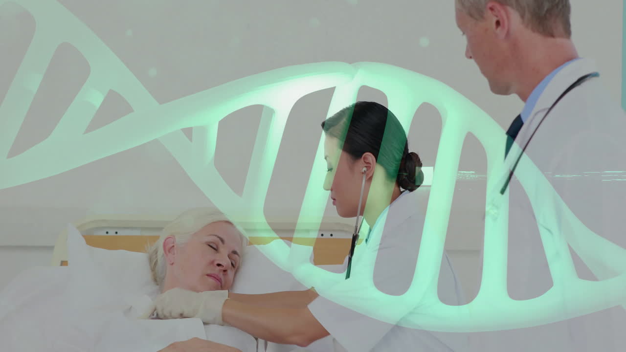 Female doctor examining patient in clinic, displaying animated heartbeat graph and stethoscope icon