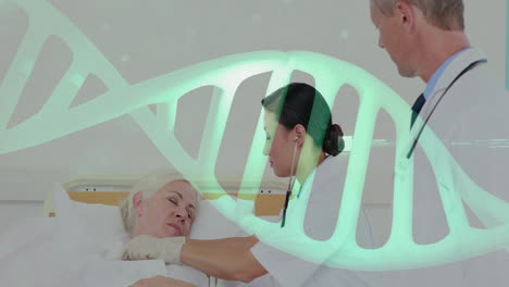 female doctor examining patient in clinic, displaying animated heartbeat graph and stethoscope icon