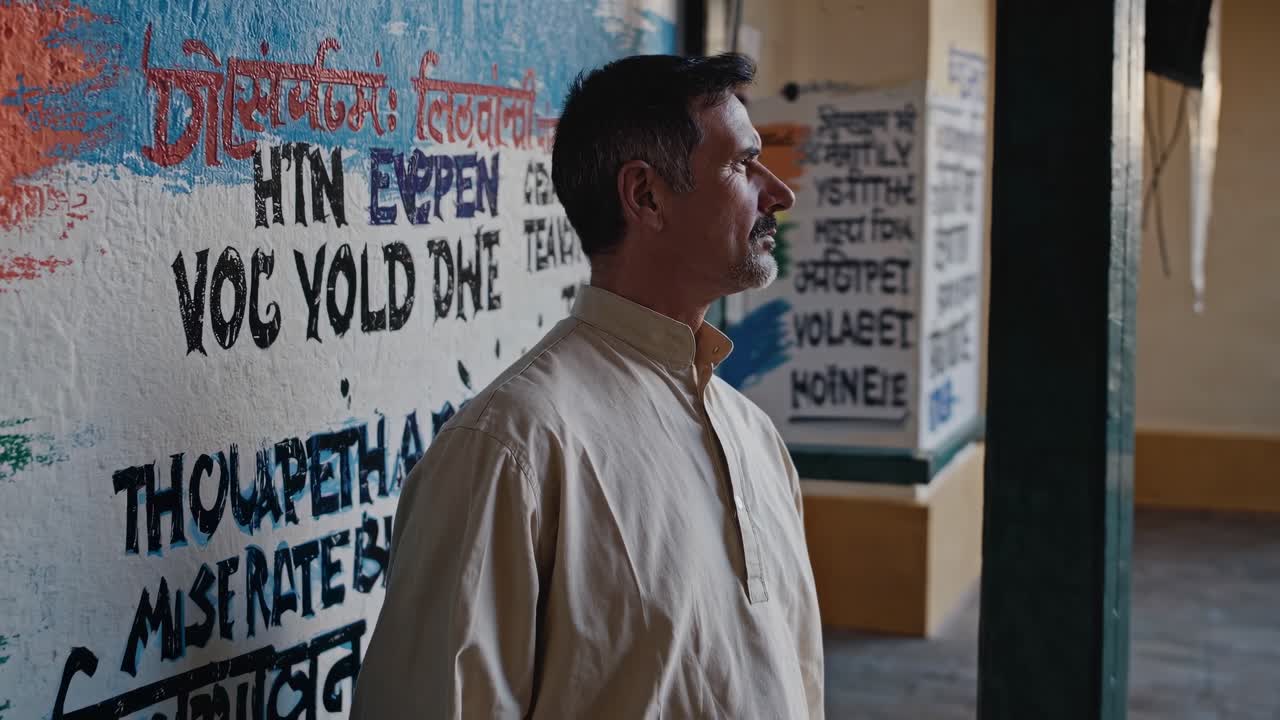 Mature man in traditional Indian clothing stands contemplatively, observing multilingual signs painted on a wall, possibly reflecting on cultural diversity and communication