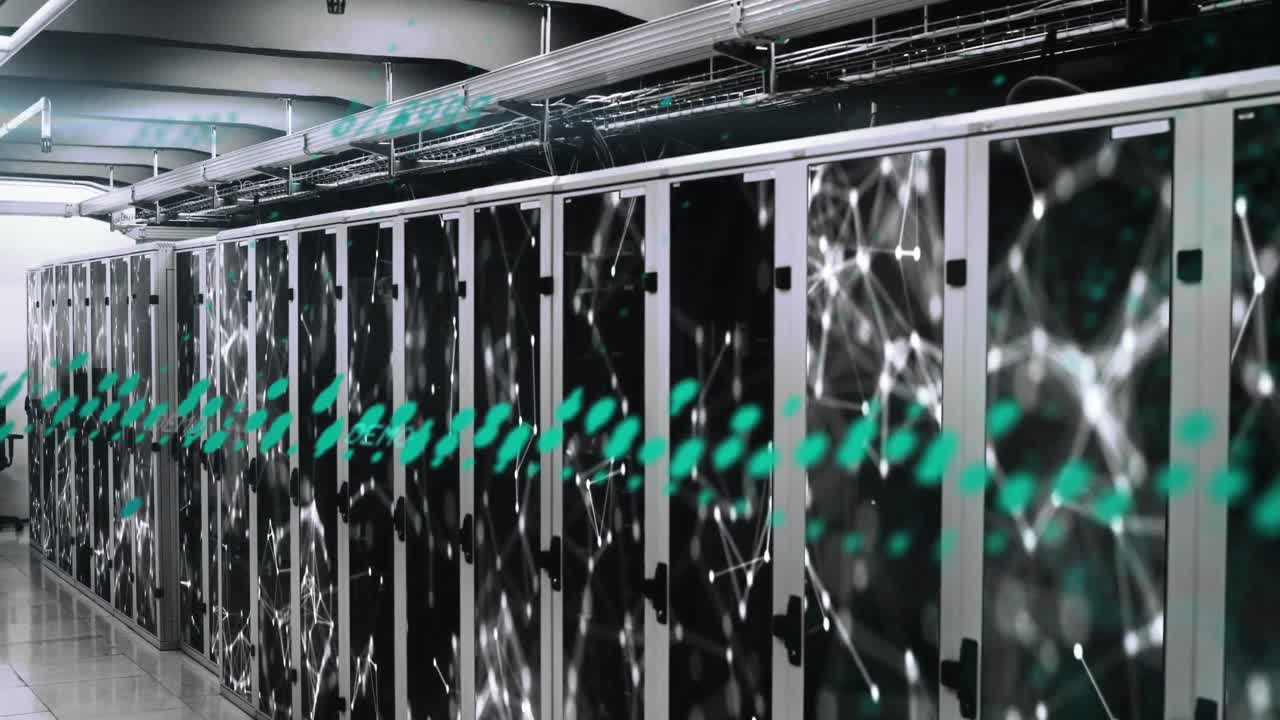 Animation of data processing and network of connections against computer server room