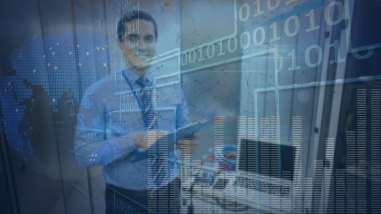 animación del globo y columnas móviles sobre el hombre biracial en la sala del servidor