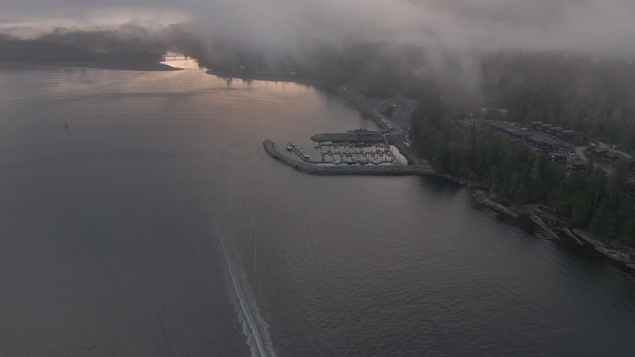 흐린 여름 일출 동안 태평양 해안에 있는 작은 외딴 마을의 공중 전망