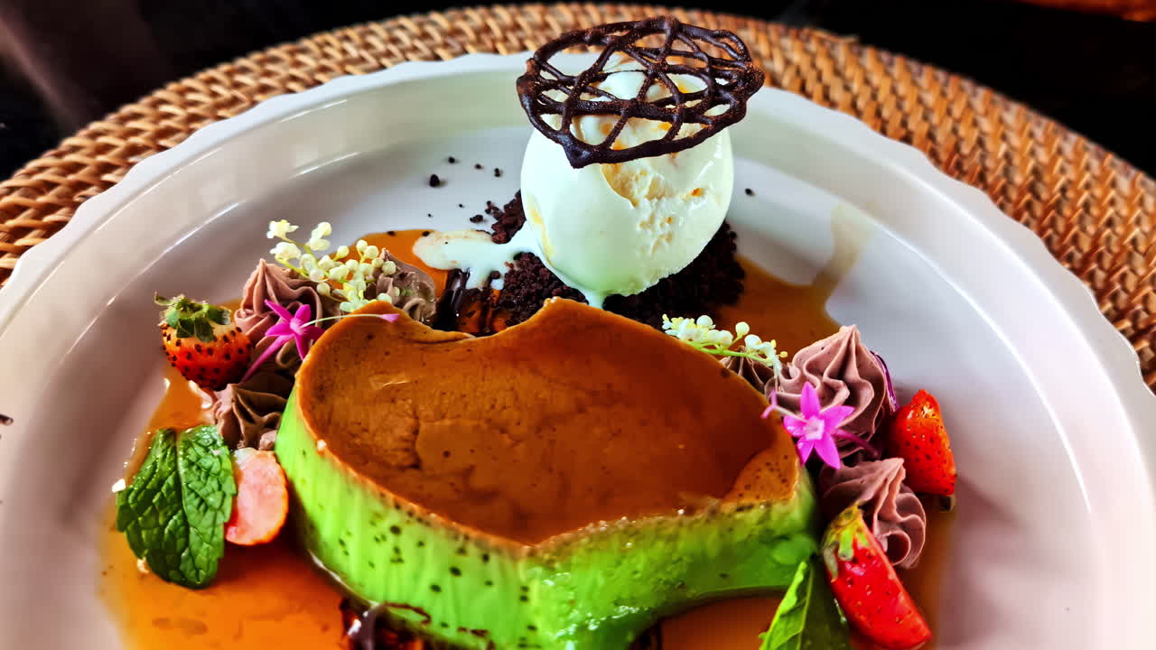 Exotic looking creme brulee with ice cream vanilla and strawberry fruit