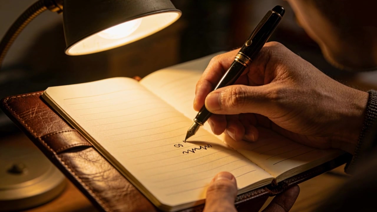 Starting pen touching page, writer's right hand signing brief entry at study desk, fountain pen