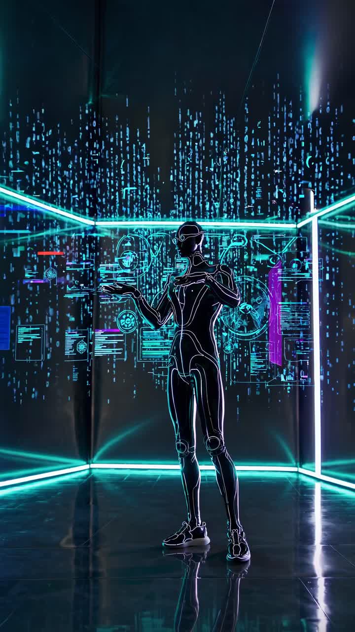 Futuristic video concept with a digital humanoid in a neon-lit room