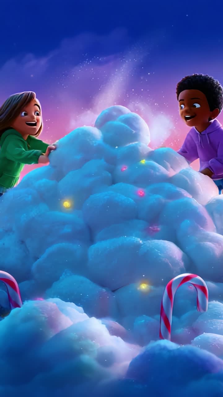 Two Friends Playfully Engaging with a Massive Pile of Fluffy Snow, Decorated with Colorful Lights and Candy Canes, Capturing the Joy of Winter Playtime Under a Vibrant Sky