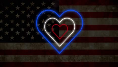 Animation-of-red-white-and-blue-concentric-neon-hearts-flashing-on-american-flag-background