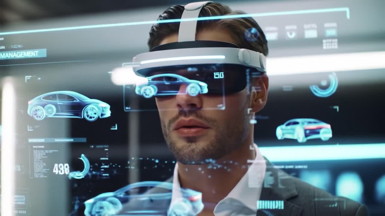 A man wearing advanced augmented reality glasses interacts with holographic data displays showcasing futuristic vehicle designs in a high-tech environment.