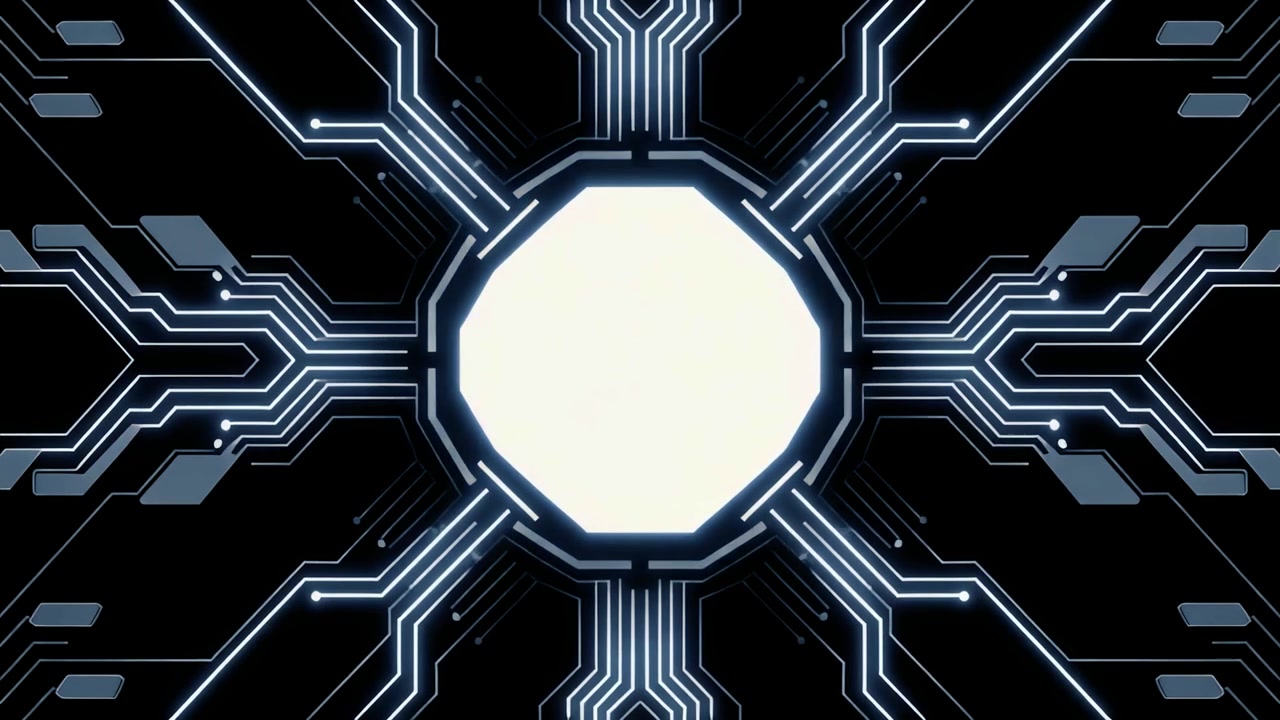 Abstract Circuit Board Animation with Glowing Lines and Central Octagon