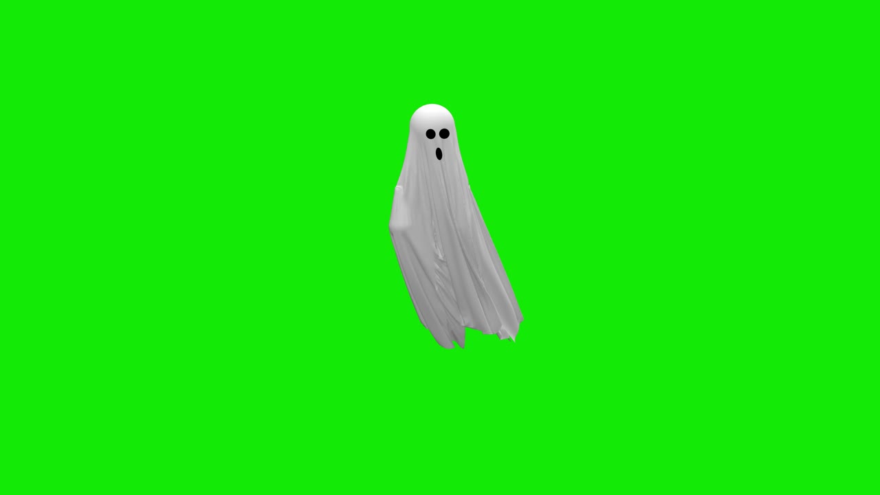 Cartoon flying white ghost on an green screen