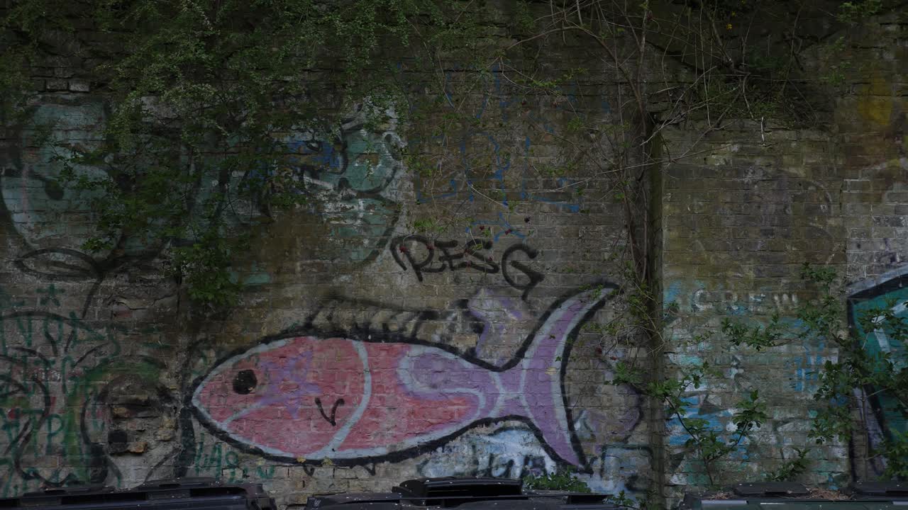 Grafite de peixe rosa em parede de concreto