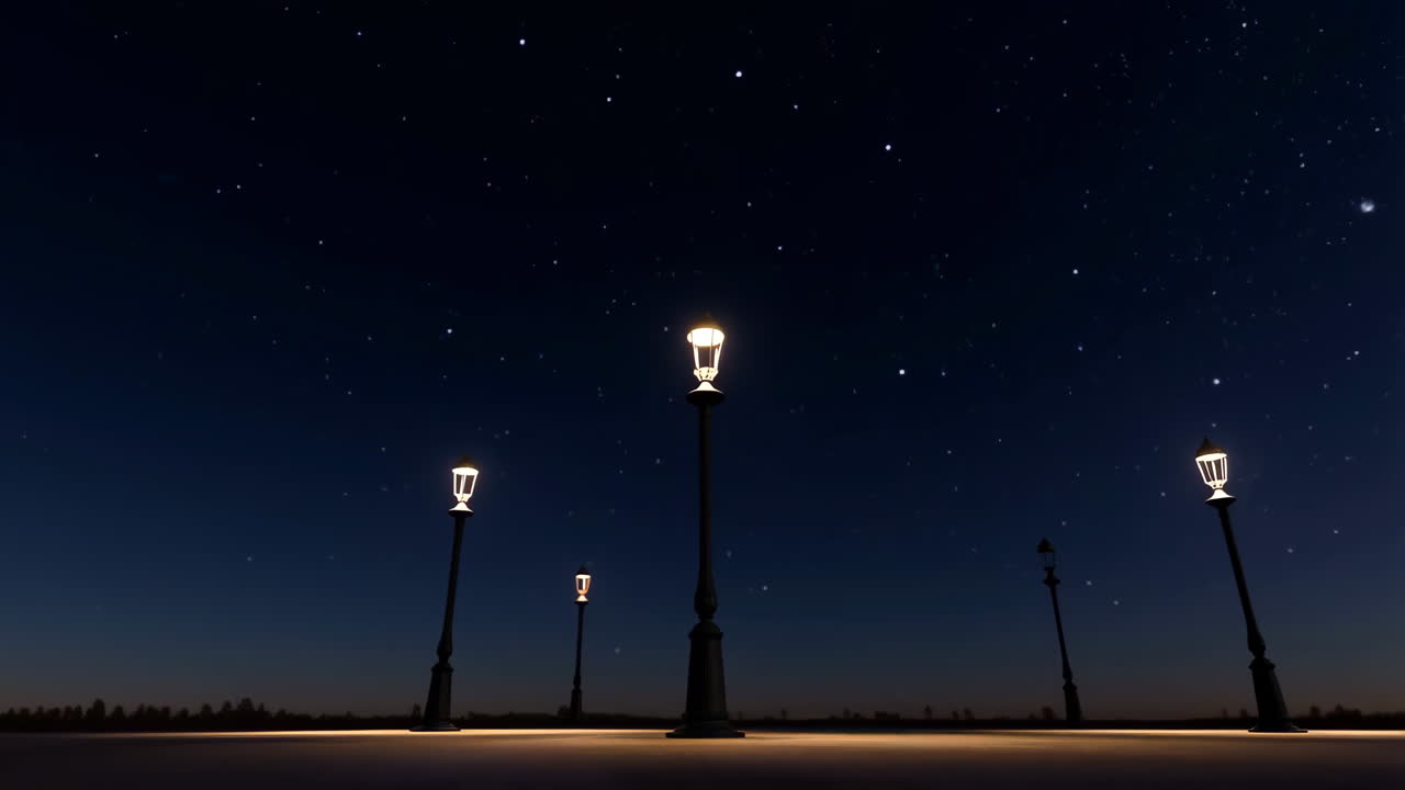 Starry Night Sky with Illuminated Street Lamps