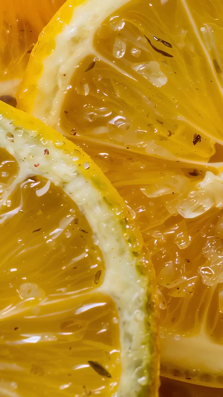 Vertical video: Shifting focus revealing two citrus slices in studio, highlighting pulp texture