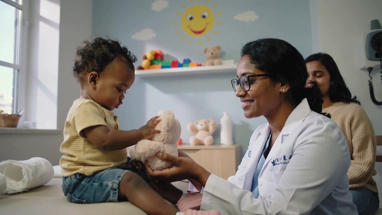 Offering clinician kneeling at exam table, helping toddler wearing yellow top exploring teddy bear