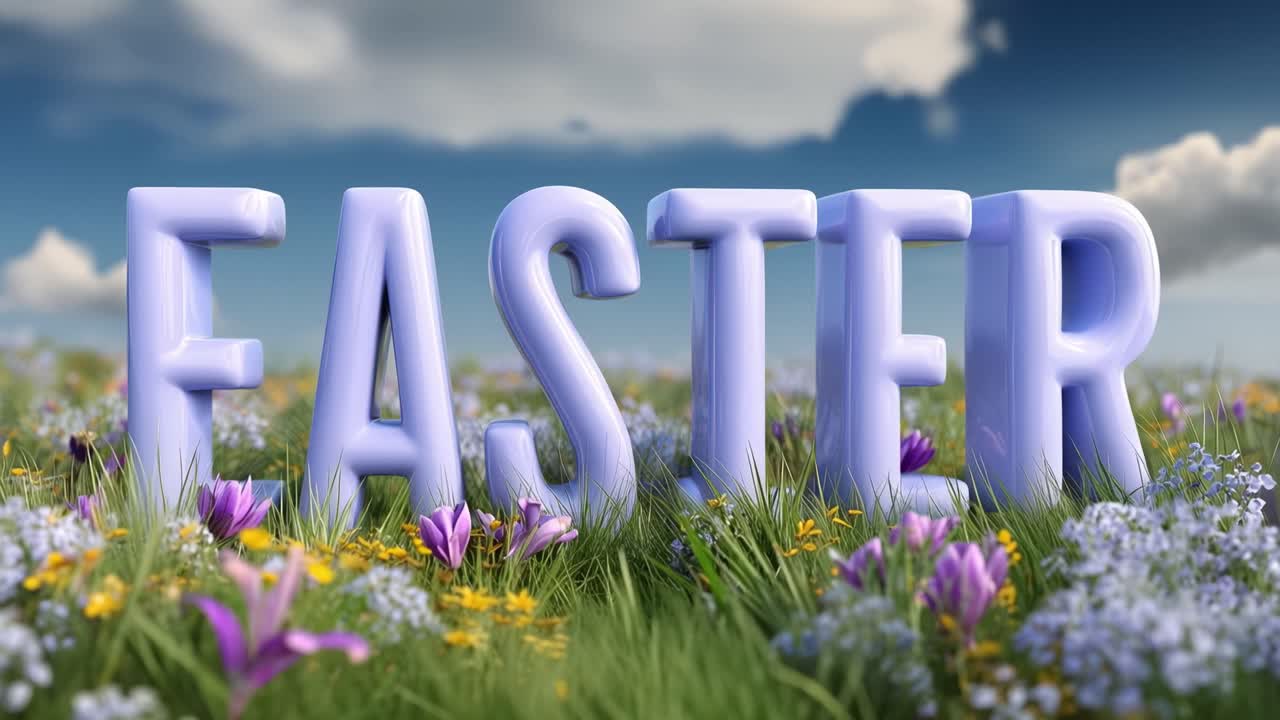Soft pastel letters spell "Faster" over vibrant wildflowers. Gentle breeze ruffles grass and blooms beneath clear sky. Sunny meadow glows with spring's quiet joy and color