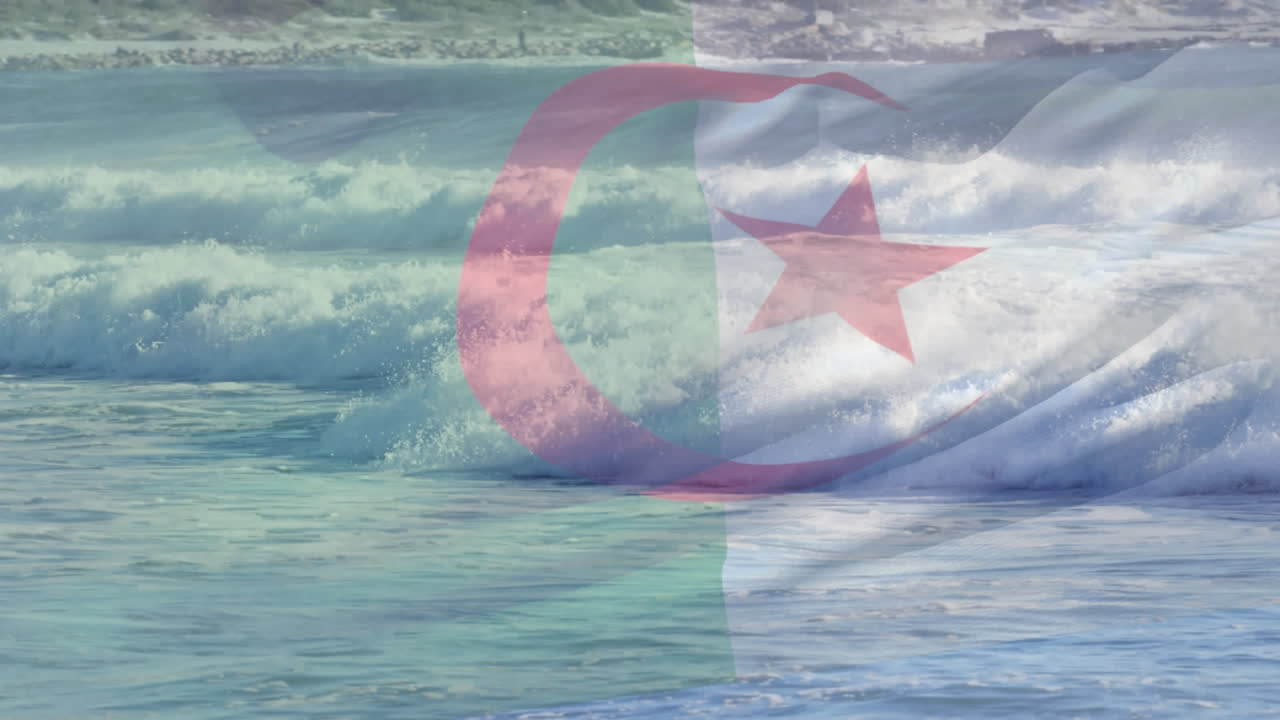 Animasi bendera Aljazair berkibar di atas ombak di laut