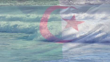 animación de la bandera de argelia soplando sobre las olas en el mar