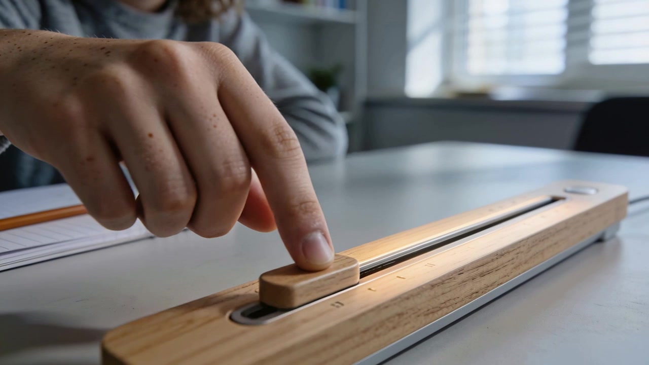 Hovering hand pressing wood magnet slider, sliding along lamp at desk, gray top lighting notebook