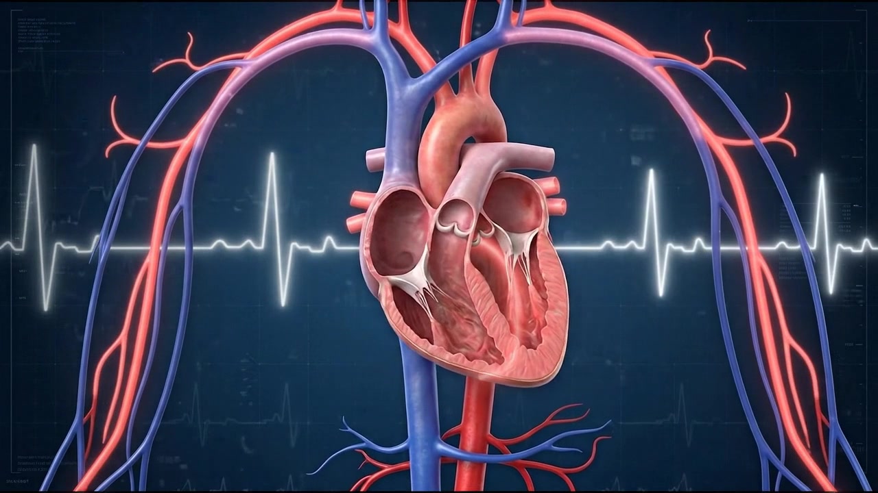 Human heart centered within complete cardiovascular vessel network on dark blue