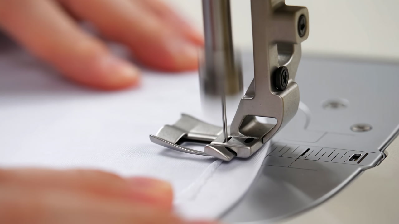 Closeup Sewing Machine Needle Stitching Fabric, Hands Guiding White Cloth Under Presser Foot, Steady Stitch
