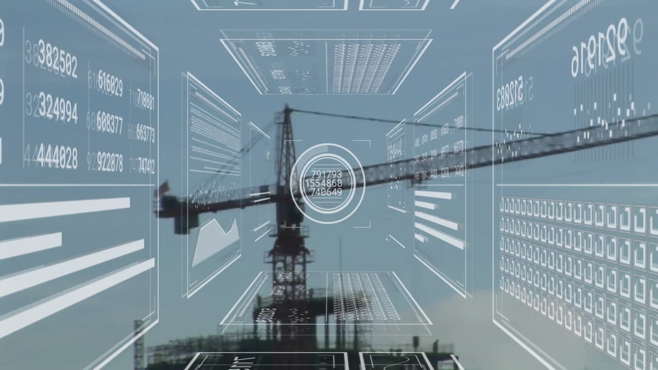 Digital data processing animation over construction crane and building site