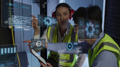 animación del procesamiento de datos a través de diversos técnicos informáticos por servidores informáticos.