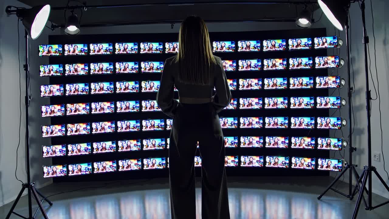 Digital artist analyzing multiple screens displaying dynamic data streams, shadowy workspace glowing with vibrant digital content, silhouette illuminated by multicolored displays