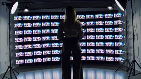 Digital artist analyzing multiple screens displaying dynamic data streams, shadowy workspace glowing with vibrant digital content, silhouette illuminated by multicolored displays