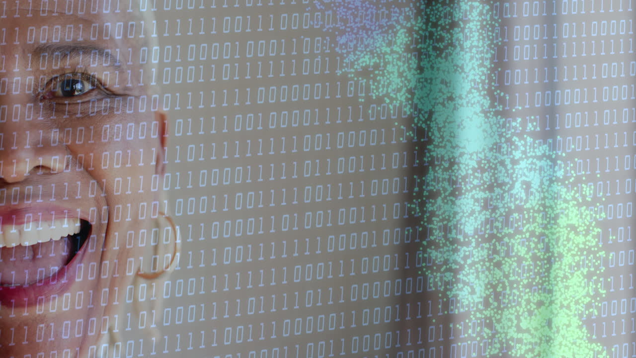 Binary code and data visualization animation over smiling person in background
