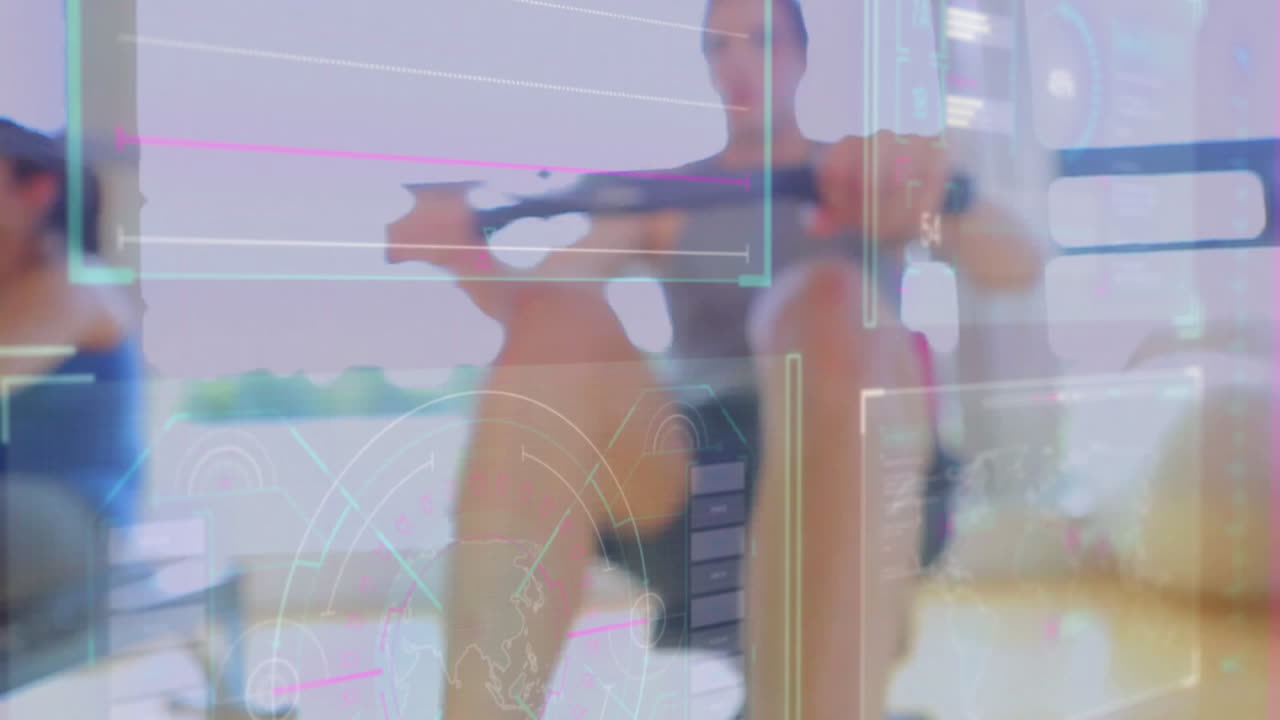 체육관에서 오징어 기계를 사용하는 백인 스포츠 선수들에 대한 데이터 처리 및 다이어그램의 애니메이션