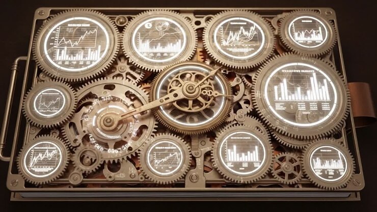 Indviklede mekanismer for datavisualisering: En steampunk-inspireret motor, der viser dynamiske grafer og diagrammer for analytisk indsigt