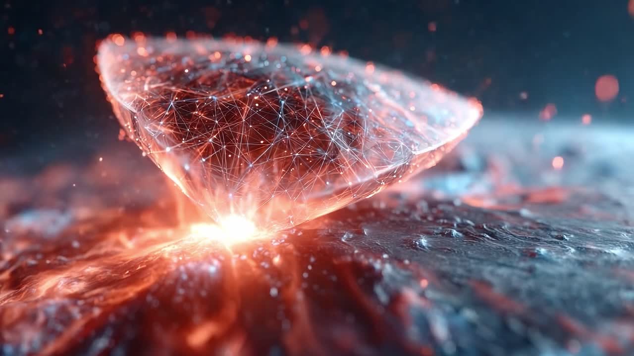 A captivating fusion of cosmic energy and digital networks presented through vivid visualizations, showcasing a glimmering, multi-dimensional crystalline structure bursting with vibrant colors