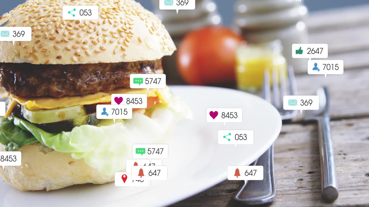 Starting frame2 social badges floating from right clustering over sesame burger, showing engagement