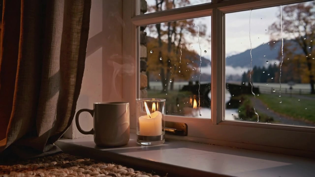 La telecamera si allontana, mostrando tazza e candela appoggiate sul davanzale, pioggia che lascia scie, vista autunnale, spazio per il testo
