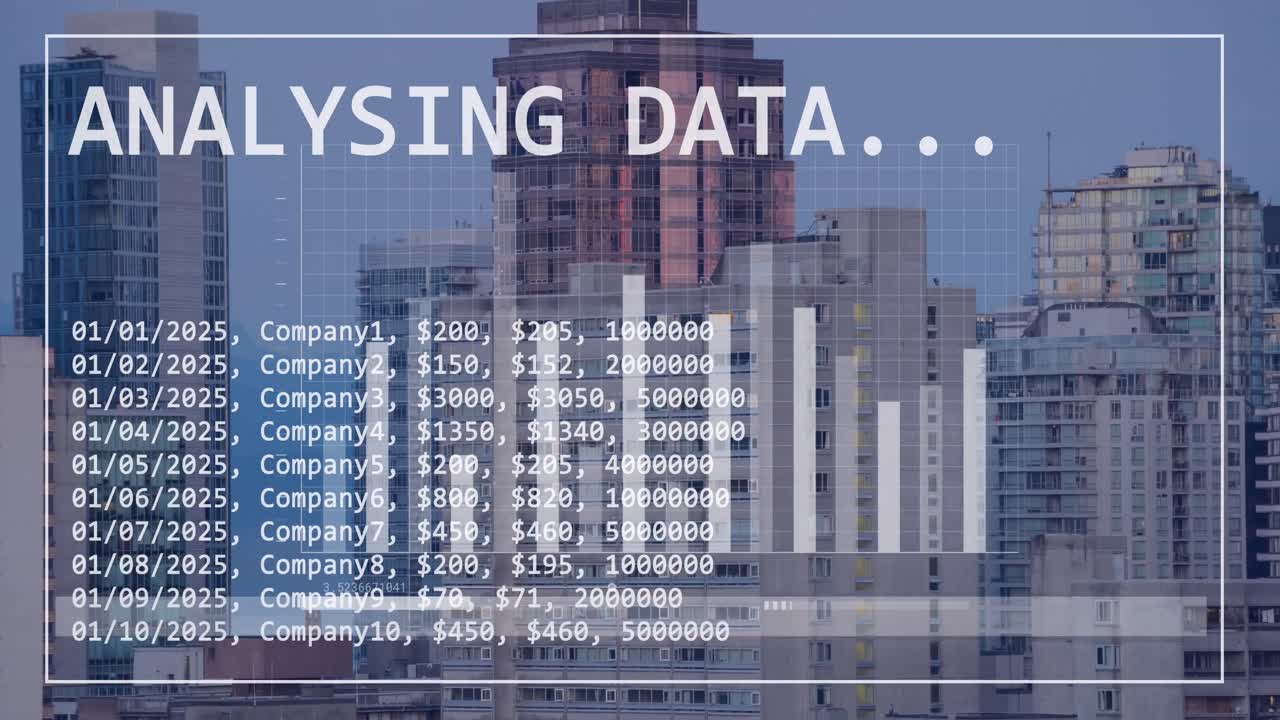 animación del procesamiento de datos financieros sobre la ciudad