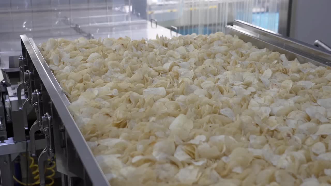 Close up shot chips are fried are moving on a conveyor