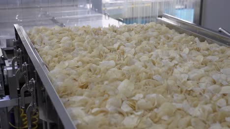 close up shot chips are fried are moving on a conveyor