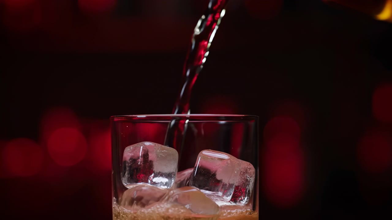 Primo piano di liquido rosso che scende in un bicchiere trasparente pieno di cubetti di ghiaccio, creando increspature, riflessi e piccole goccioline sotto un'illuminazione drammatica da studio su uno sfondo bokeh scuro