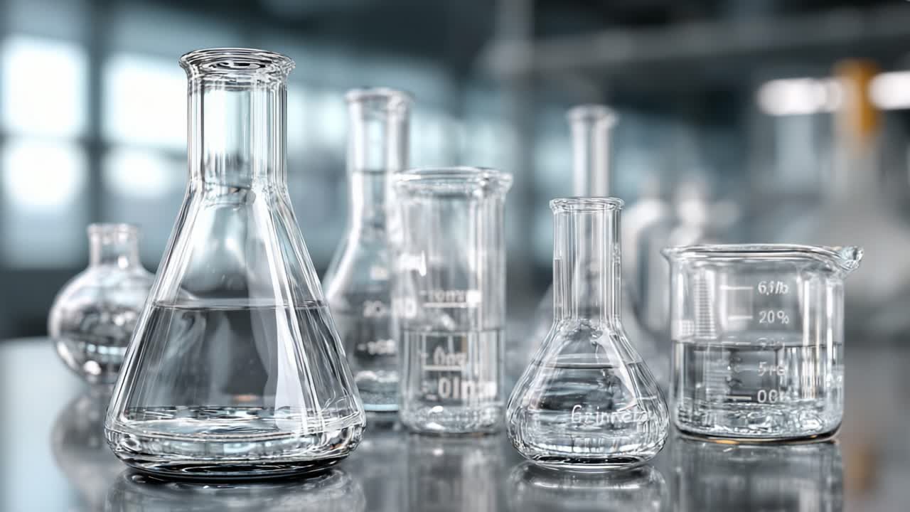 A Collection of Laboratory Glassware Featuring Various Flasks and Beakers Filled with Clear Liquid, Ideal for Scientific Experiments and Research in Chemistry