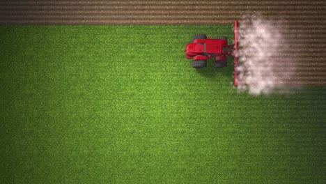 una vista de pájaro de una cosechadora combinada. cosecha de un campo de trigo. personal industrial sobre el tema agrícola. animación realista. bucle de video. arar la tierra