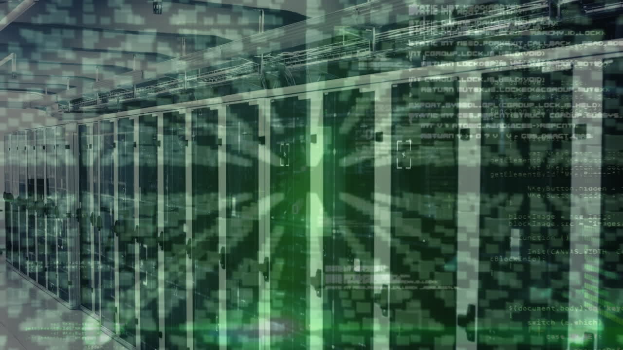 보안 잠금 아이콘의 애니메이션과 컴퓨터 서버 객실에 대한 데이터 처리