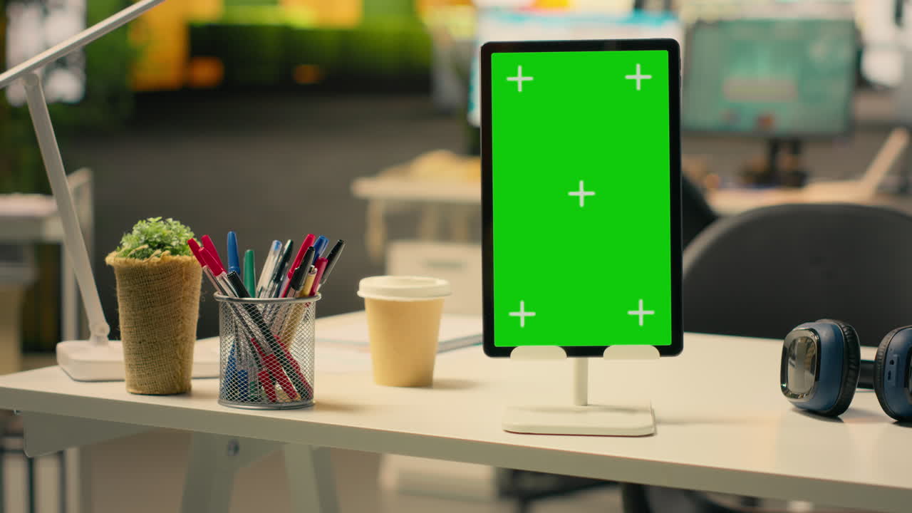 Verticaal groen scherm op tablet bij een lege werkplek met briefpapier