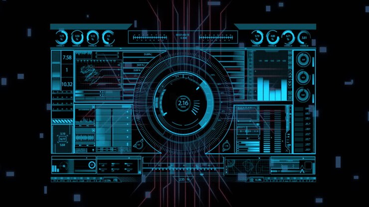 Animation of digital data processing over screen on black background